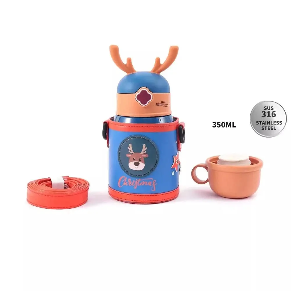 2in1 Reindeer Horns Printed Sipper Stainless Steel Water Bottle (500mL,Multi Colours)