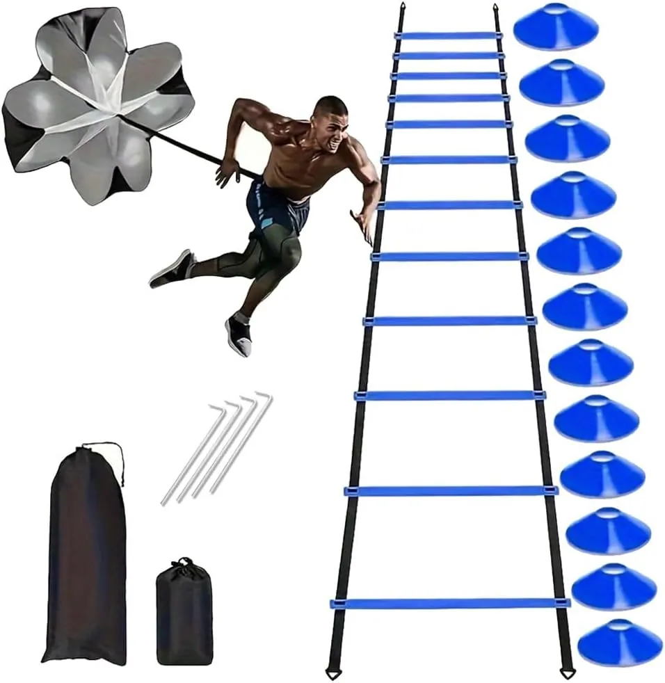 Agility Ladder Speed Training Equipment Set 20ft Agility Ladder, 4 Steel Stakes, 12 Soccer Cones, Running Parachute and Carry Bag, Speed Training Equipment for Soccer Football Basketball