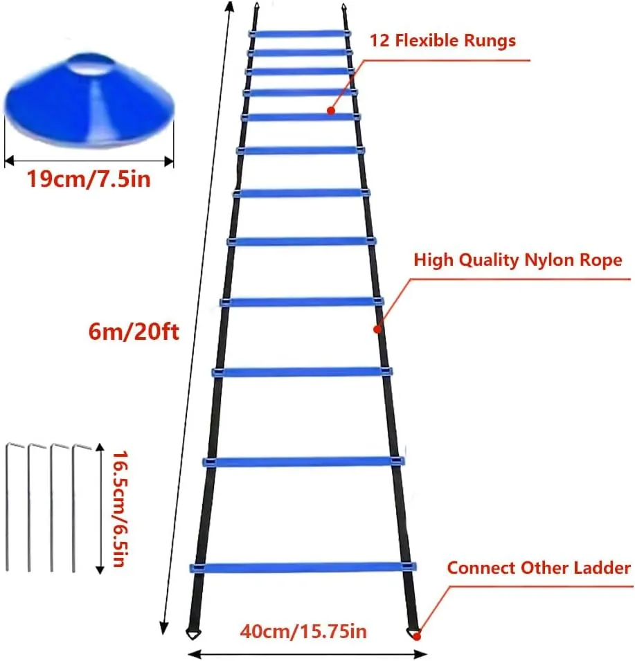 Agility Ladder Speed Training Equipment Set 20ft Agility Ladder, 4 Steel Stakes, 12 Soccer Cones, Running Parachute and Carry Bag, Speed Training Equipment for Soccer Football Basketball