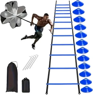 Agility Ladder Speed Training Equipment Set 20ft Agility Ladder, 4 Steel Stakes, 12 Soccer Cones, Running Parachute and Carry Bag, Speed Training Equipment for Soccer Football Basketball