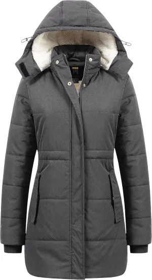 CREATMO US Women's Thicken Sherpa Winter Coat Puffy Warm Snow Jacket With Removable Hood