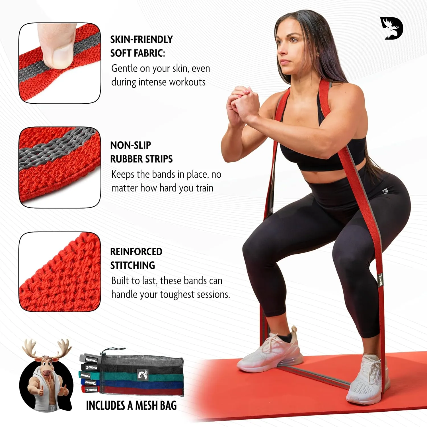 DMoose Fitness Fabric Resistance Bands for Working Out - Non-Slip Cloth Bands for Squats, Lunges & Bicep Curls - Long Resistance Band for Booty Exercises, Women & Men