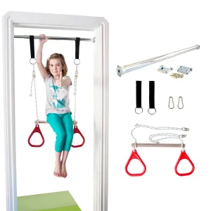 Doorway Swing for Kids - Trapeze Bar and Gymnastic Rings Combo - Red
