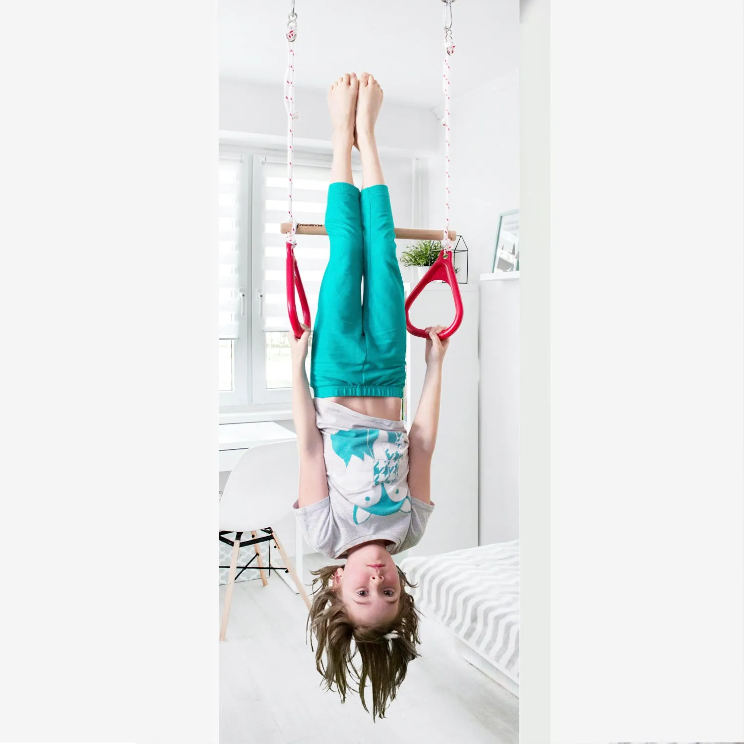 Doorway Swing for Kids - Trapeze Bar and Gymnastic Rings Combo - Red