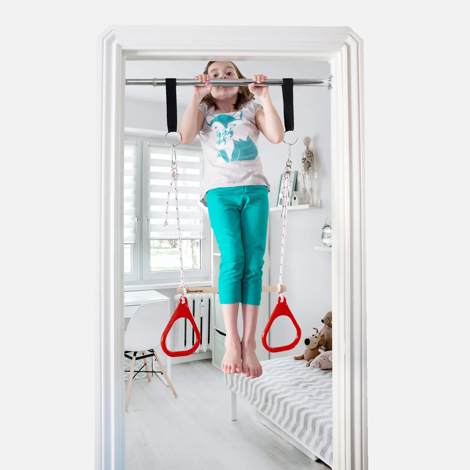 Doorway Swing for Kids - Trapeze Bar and Gymnastic Rings Combo - Red