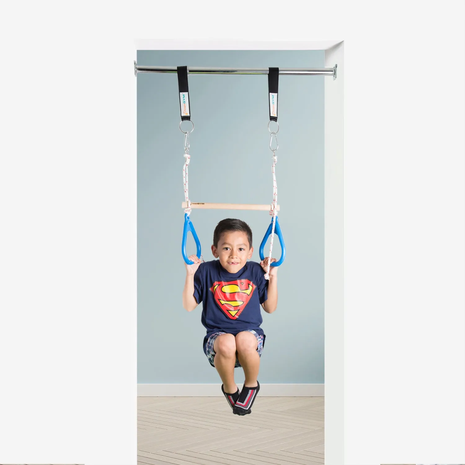 Doorway Swing for Kids - Trapeze Bar and Gymnastic Rings Combo - Red