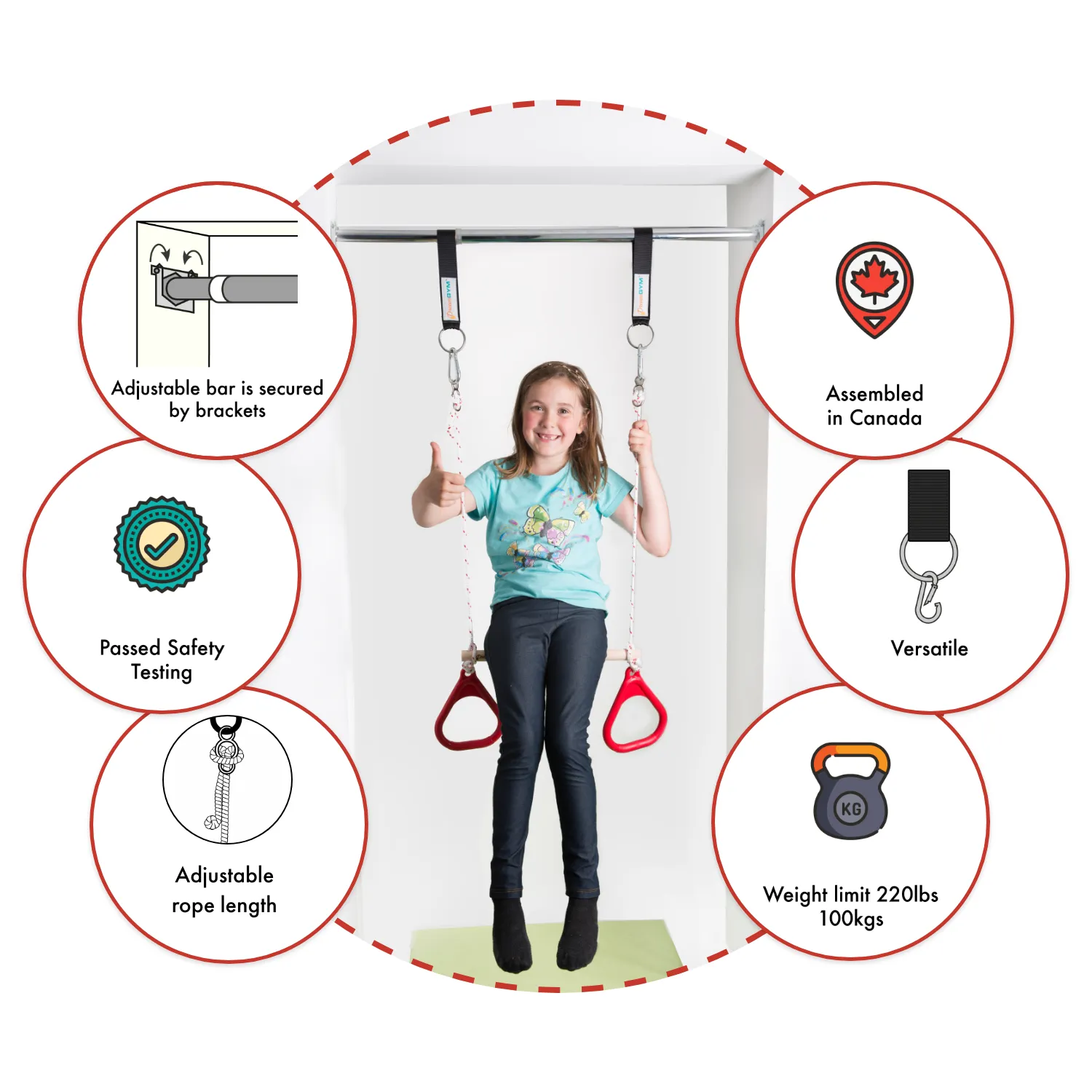Doorway Swing for Kids - Trapeze Bar and Gymnastic Rings Combo - Red
