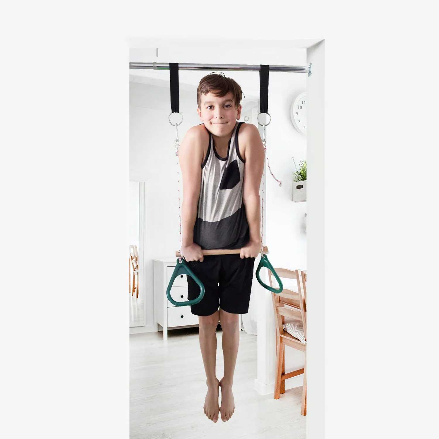 Doorway Swing for Kids - Trapeze Bar and Gymnastic Rings Combo - Red