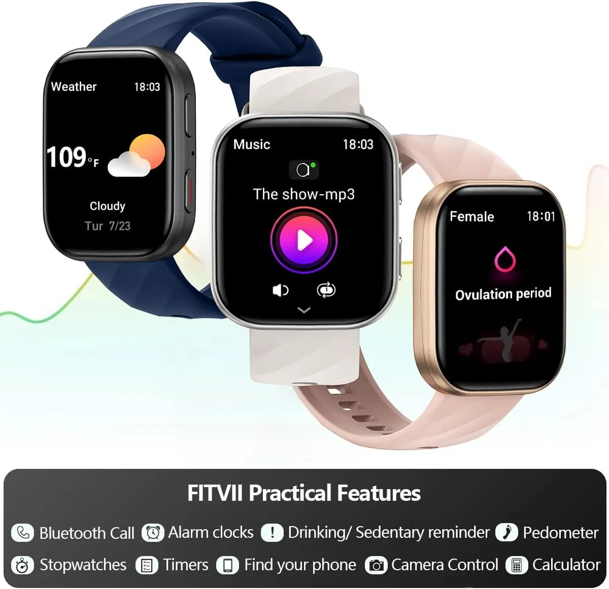 FITVII Health & Fitness Tracker (Answer/Make Calls), Smart Watch with 24/7 Heart Rate and Blood Pressure, Sleep Tracking, Blood Oxygen Monitor, 120  Sport Mode Activity Tracker for Women Men