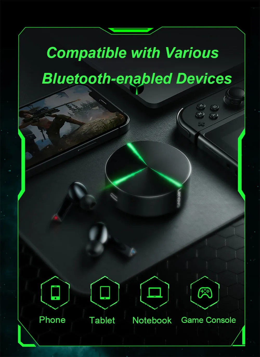 Lenovo GM1 Gaming Earphones with Mic  Bluetooth Gamer Headphones 60ms Low Latency TWS Earbuds Gaming Headset for PUBG Stereo