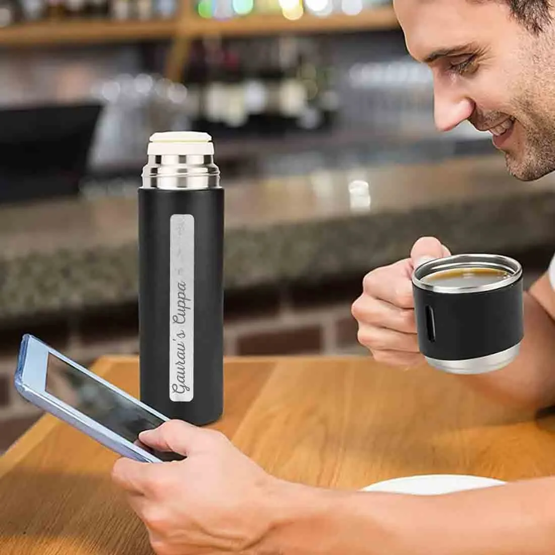 Personalized Vacuum Flask With 1 Cup for Hot & Cold Water - Add Name