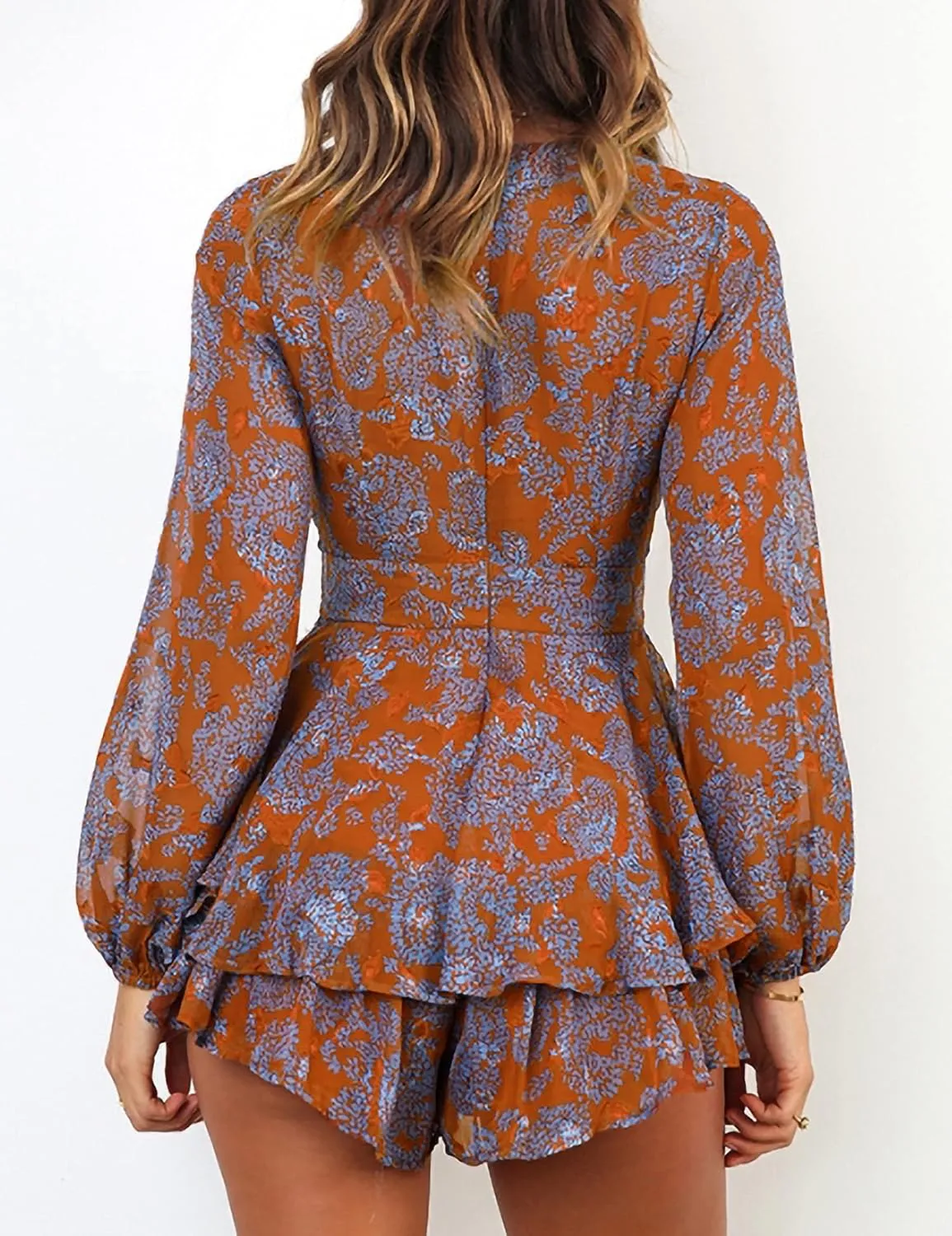 Relipop Womens Floral Print Romper V Neck Long Sleeve Double Layer Ruffle Hem Shorts Jumpsuit 2025 Beach Vacation Outfits