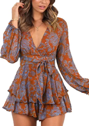 Relipop Womens Floral Print Romper V Neck Long Sleeve Double Layer Ruffle Hem Shorts Jumpsuit 2025 Beach Vacation Outfits