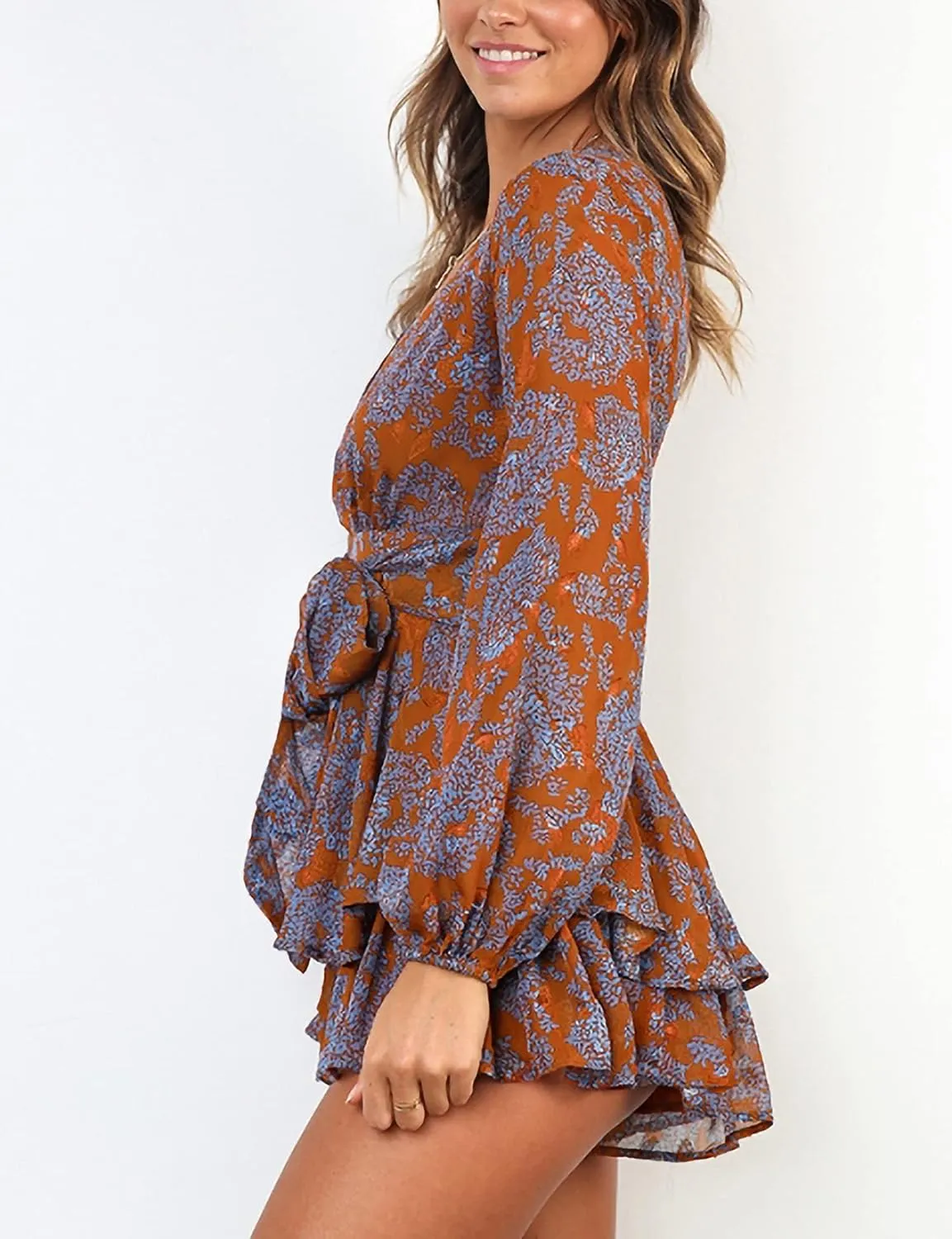 Relipop Womens Floral Print Romper V Neck Long Sleeve Double Layer Ruffle Hem Shorts Jumpsuit 2025 Beach Vacation Outfits