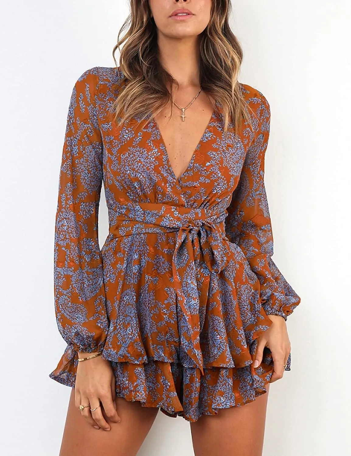 Relipop Womens Floral Print Romper V Neck Long Sleeve Double Layer Ruffle Hem Shorts Jumpsuit 2025 Beach Vacation Outfits