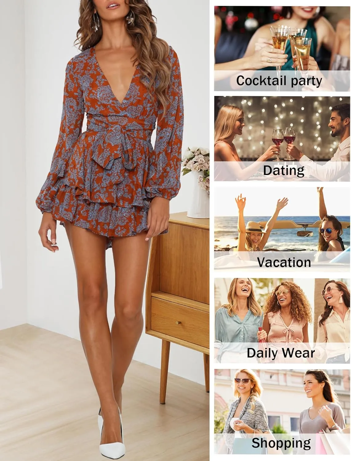 Relipop Womens Floral Print Romper V Neck Long Sleeve Double Layer Ruffle Hem Shorts Jumpsuit 2025 Beach Vacation Outfits
