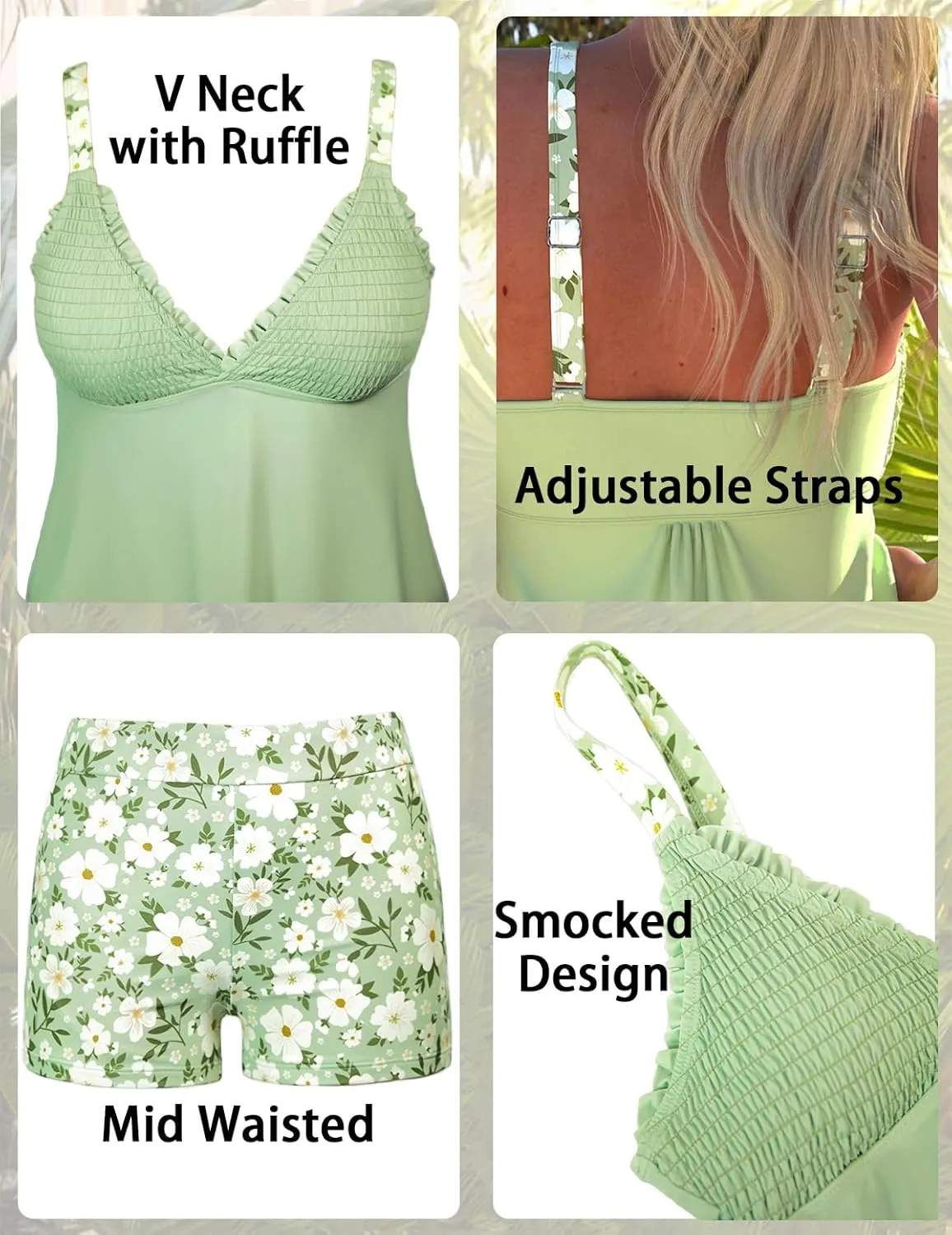 ROSEWE Womens Tankini Bathing Suits, Two-Piece Smocked Swim Dress, Print Swimsuits with Board Shorts