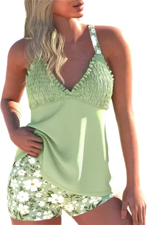 ROSEWE Womens Tankini Bathing Suits, Two-Piece Smocked Swim Dress, Print Swimsuits with Board Shorts