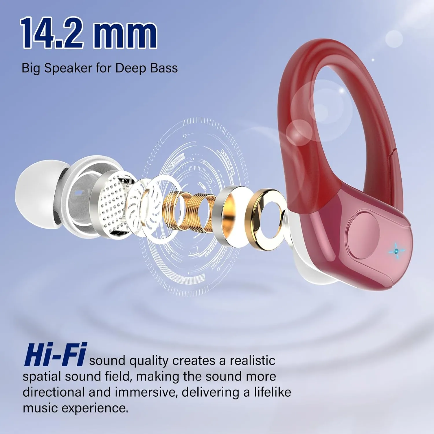 Wireless Earbuds Bluetooth 5.4 Headphones 75H Stereo Deep Bass Sports Over Ear Buds with Earhooks, LED Display Bluetooth Earbuds with 4 ENC Mic, IP7 Waterproof Earphone for Running, Red