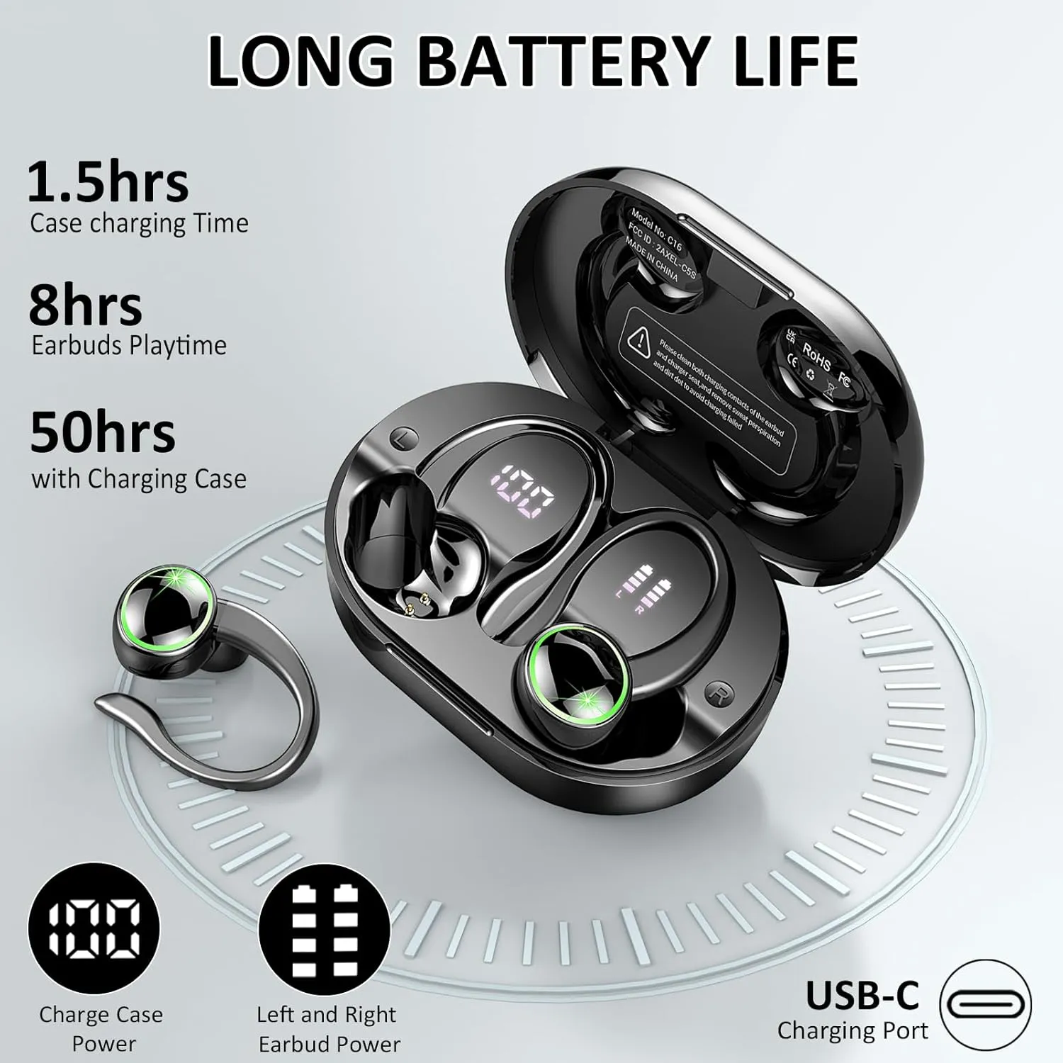 Wireless Earbuds Sports, Bluetooth Headphones 5.3, 50H Playback Over-Ear buds with 4 ENC Noise Cancelling Mic, Deep Bass Earphones with Earhooks, IP7 Waterproof Fitness Headset for Running Workout Gym