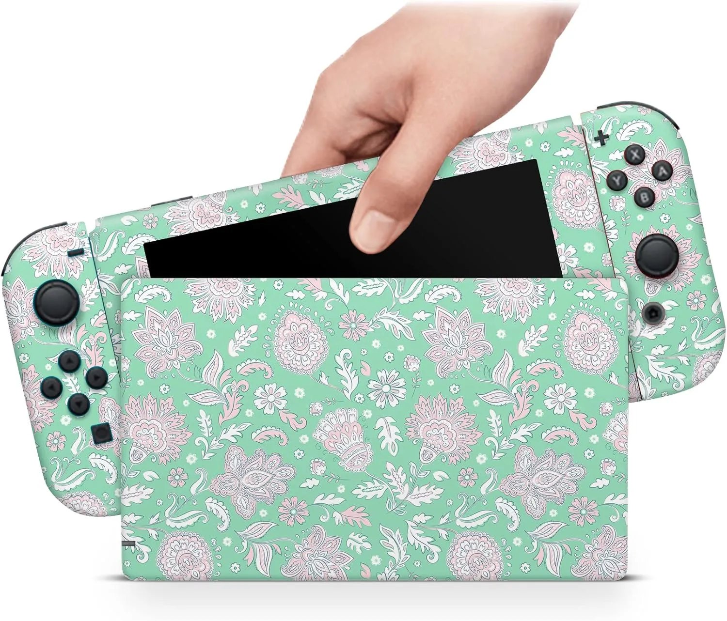ZOOMHITSKINS Compatible with Switch Skin Cover, Green Mint Flower Grey Flowers Art Boho Gypsies Botanic, Vinyl Decal Sticker Wrap, Made in The USA